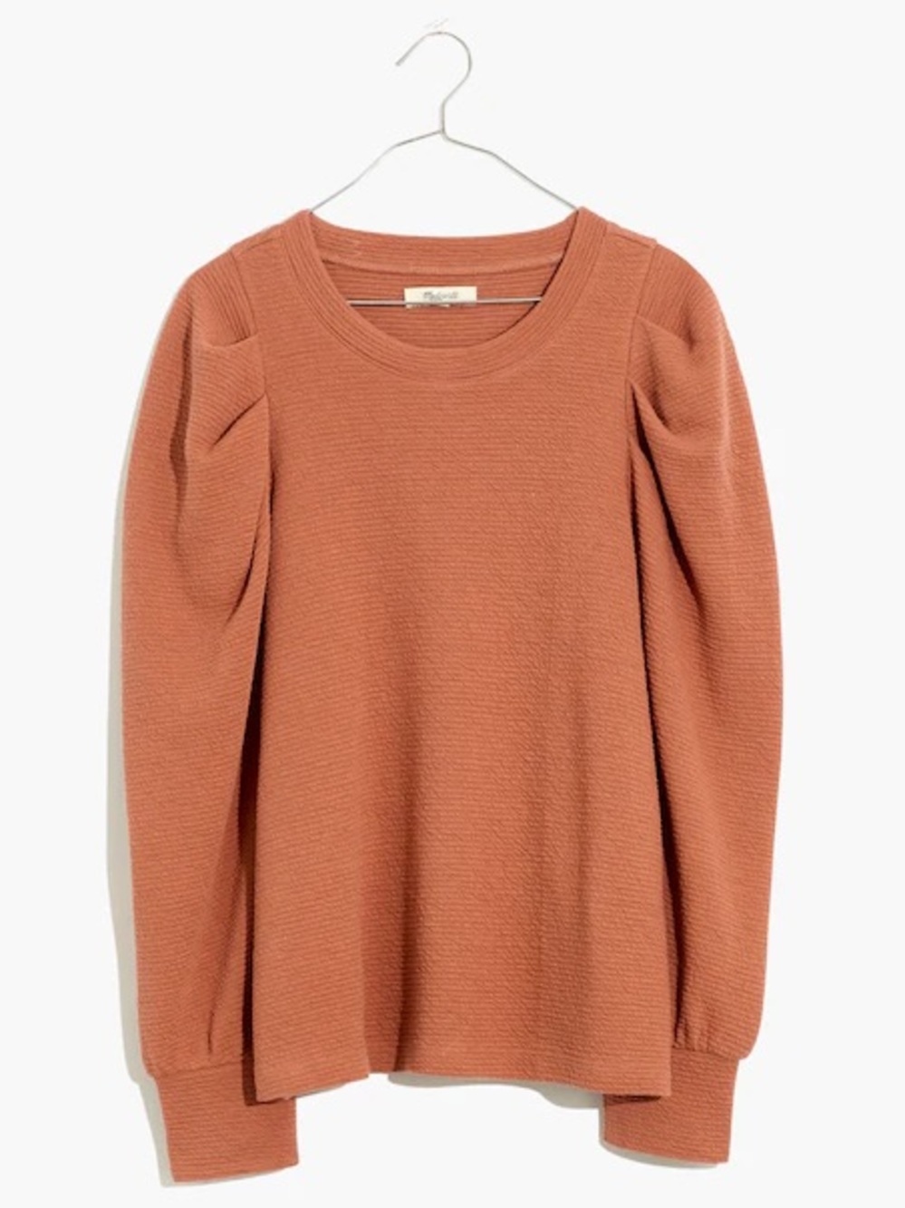 Madewell Pleated Statement-Sleeve Top in Warm Umber Textured Crewneck Pullover L